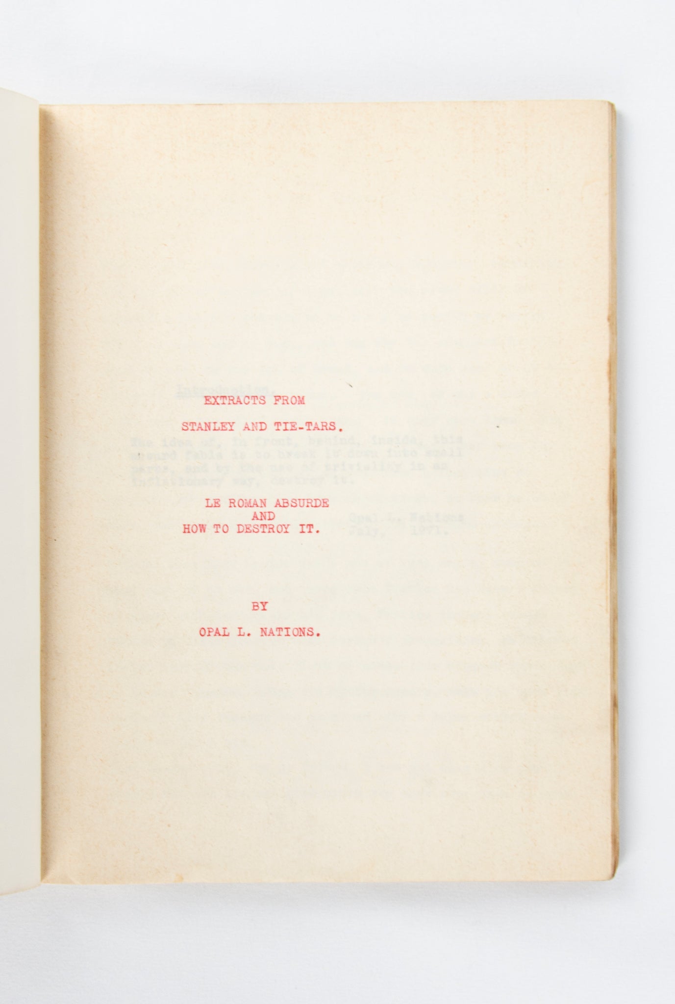 (EXPERIMENTAL FICTION). NATIONS, OPAL L. Mimeographed typescript for "Extracts from Stanley and Tie-Tars: Le roman absurde and how to destroy it."
