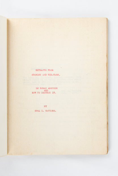 (EXPERIMENTAL FICTION). NATIONS, OPAL L. Mimeographed typescript for "Extracts from Stanley and Tie-Tars: Le roman absurde and how to destroy it."