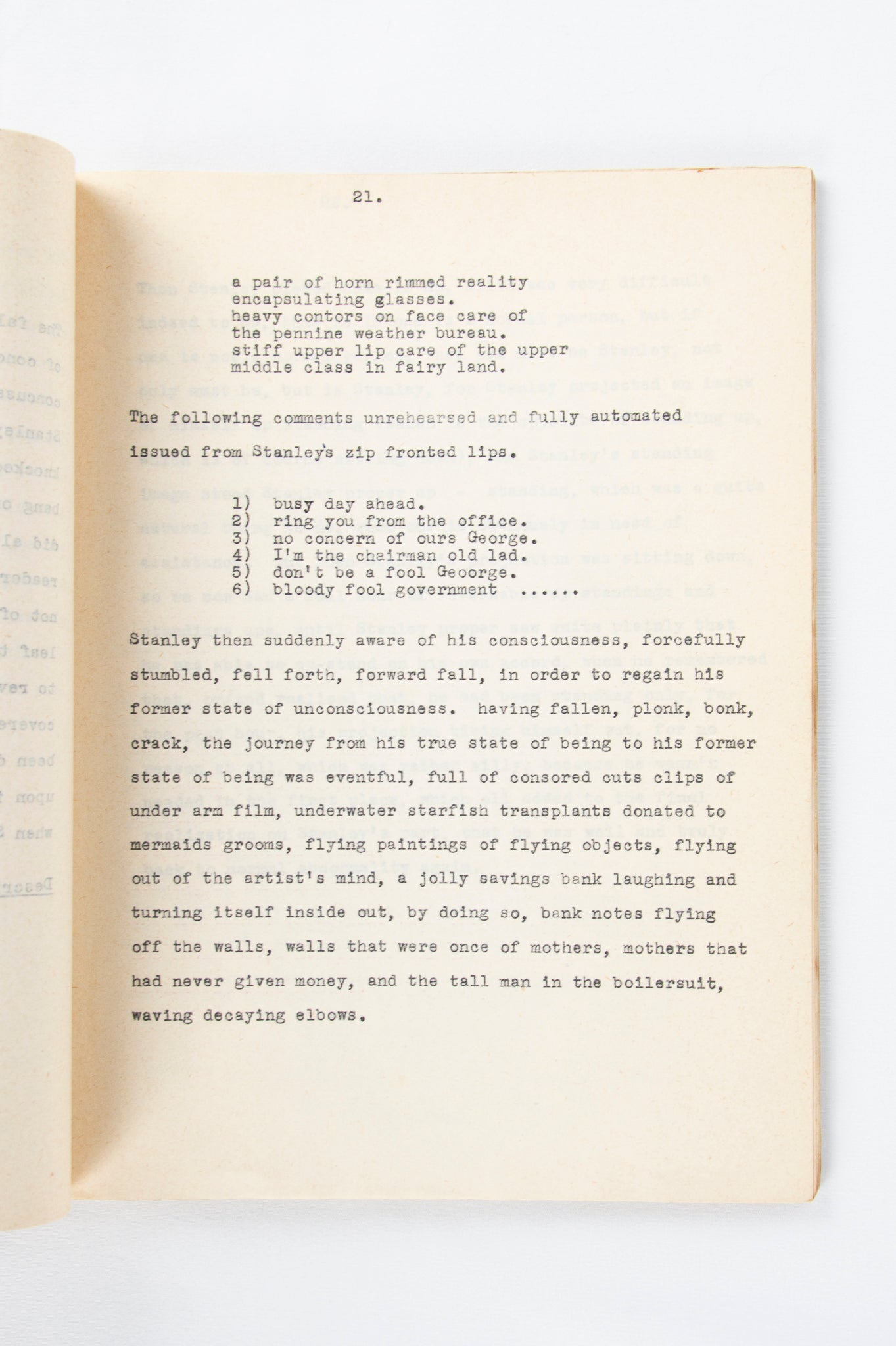 (EXPERIMENTAL FICTION). NATIONS, OPAL L. Mimeographed typescript for "Extracts from Stanley and Tie-Tars: Le roman absurde and how to destroy it."