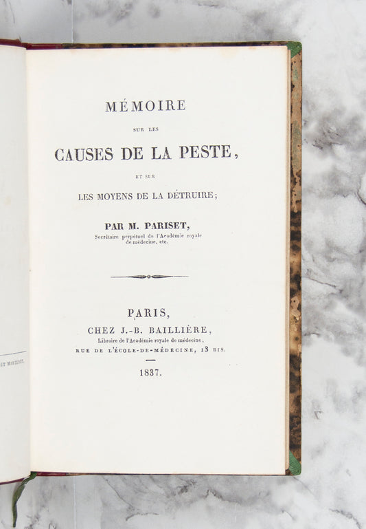 (PLAGUE). PARISET, Étienne. Mémoire sur les causes de la peste, et sur les moyens de la détruire.