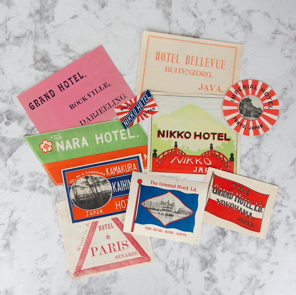 (TRAVEL). (DESIGN). Ten hotel luggage labels (and one duplicate) from Japan, Java, and India.