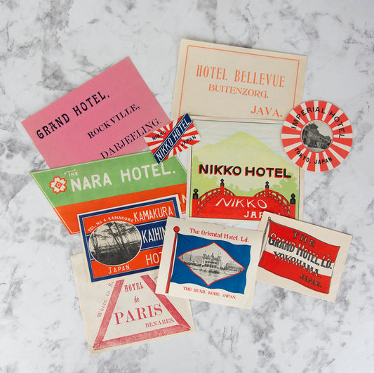 (TRAVEL). (DESIGN). Ten hotel luggage labels (and one duplicate) from Japan, Java, and India.