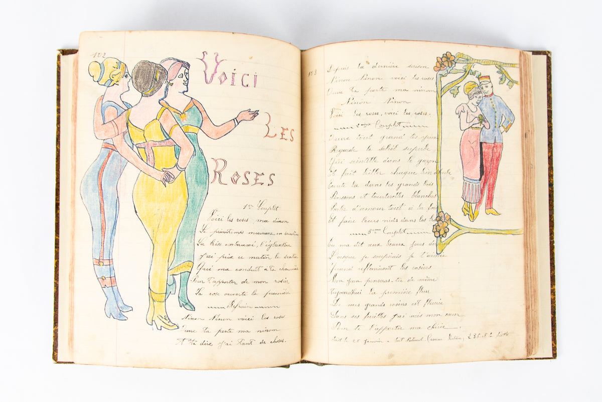 (OUTSIDER ART). (MANUSCRIPT). Souvenir de la Classe 1909. [Notebook of songs and illustrations by a soldier].
