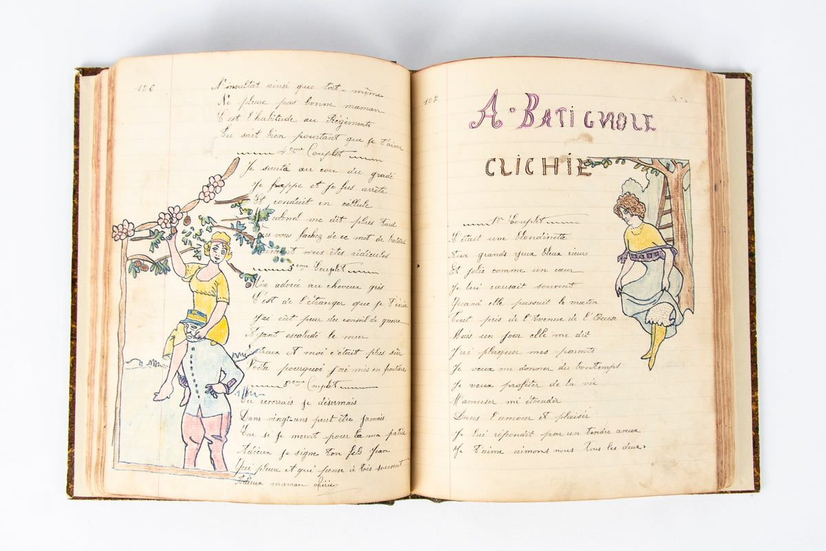 (OUTSIDER ART). (MANUSCRIPT). Souvenir de la Classe 1909. [Notebook of songs and illustrations by a soldier].
