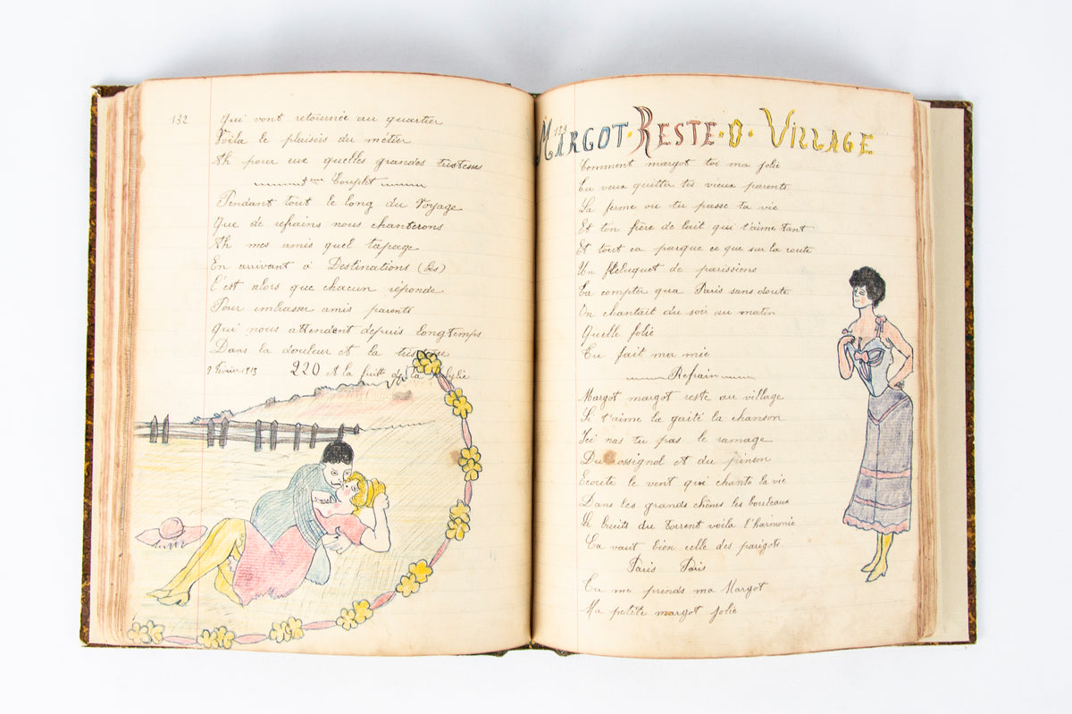 (OUTSIDER ART). (MANUSCRIPT). Souvenir de la Classe 1909. [Notebook of songs and illustrations by a soldier].