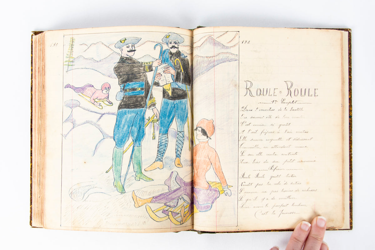(OUTSIDER ART). (MANUSCRIPT). Souvenir de la Classe 1909. [Notebook of songs and illustrations by a soldier].