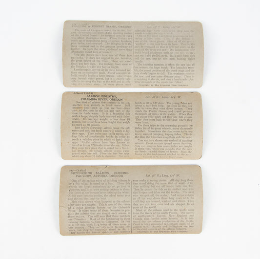 (PHOTOGRAPHY). (OREGON). [Three stereographs depicting the salmon and timber industries].