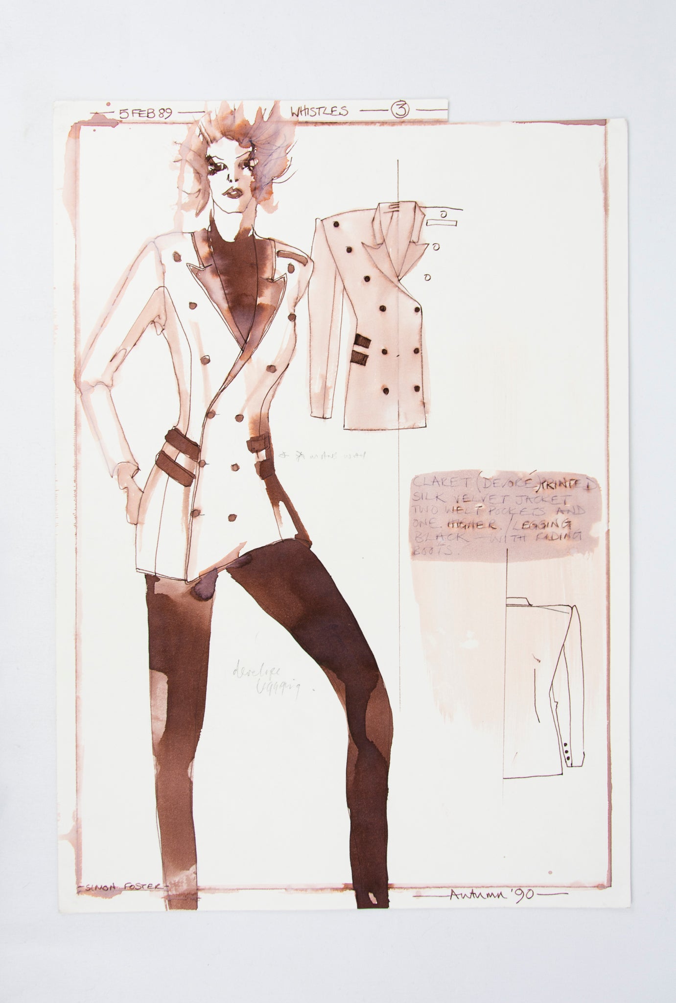 (FASHION DESIGN). (ORIGINAL ILLUSTRATIONS). FOSTER, Simon. [16 original illustrations of suits and shoes].