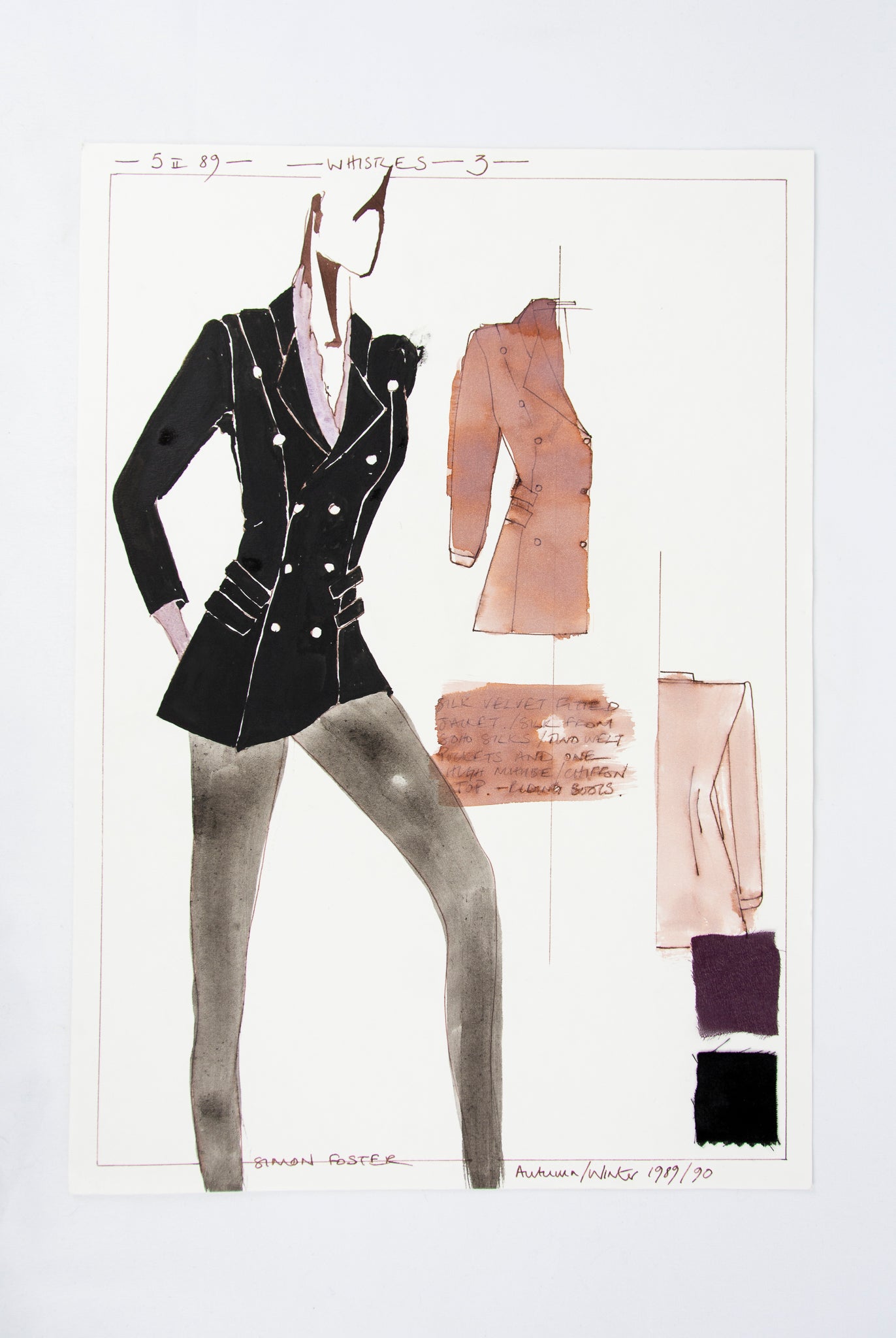 (FASHION DESIGN). (ORIGINAL ILLUSTRATIONS). FOSTER, Simon. [16 original illustrations of suits and shoes].
