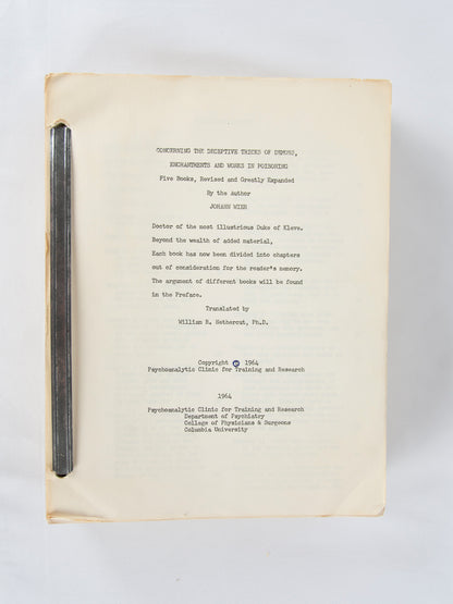 (WITCHCRAFT). WIER, Johann. NETHERCUT, William R. (Translator). Concerning the Deceptive Tricks of Demons, Enchantments and Works in Poisoning.